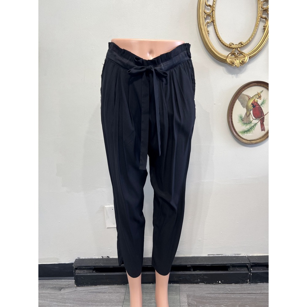 Ramy Brook Black Silk Blend Paperbag Waist Tie Tapered Pants S